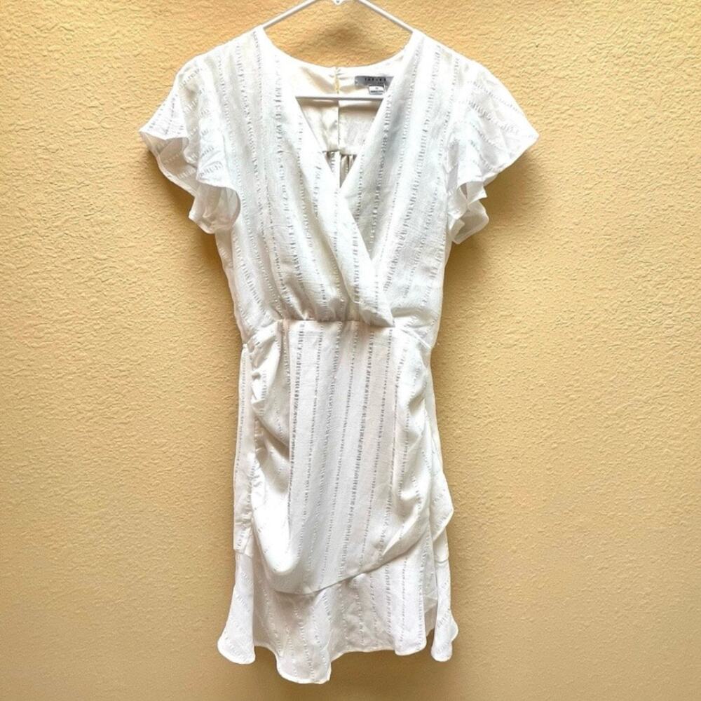 Favlux Womens White Ruffle Dress Faux Wrap Size S NWT